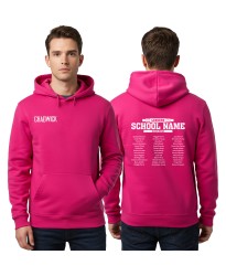 Leavers Personalised Custom Hoodie – Front Customised with Name and Bold Ribbon Banner "Leavers" Design, School Name, "MMXXVI" 2026 & Student Names List: